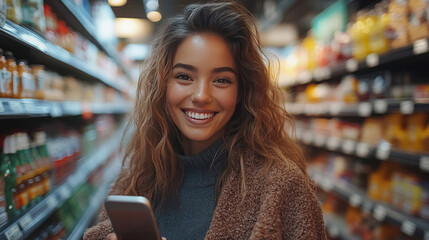 A happy woman using a mobile app in the grocery store, scanning items and managing her shopping list with a smile as she enjoys the convenience of technology