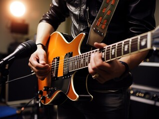 Naklejka premium Musician playing electric guitar on stage in concert