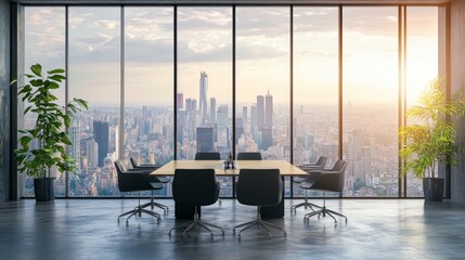 Elegant glass-walled meeting room, a coworking zone, and panoramic windows offering views of a modern cityscape.