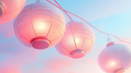 Three pink lanterns hanging from a wire, creating a soft and calming atmosphere