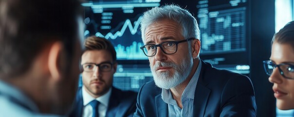 Business team discussing strategies for growth during a recession, data charts in the background, CGI, Sharp Focus, High Resolution, 3D illustration