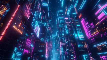Fototapeta premium Futurystyczne miasto w którym neonowe światła pulsują w nocy, tworząc hipnotyzującą atmosferę. 
