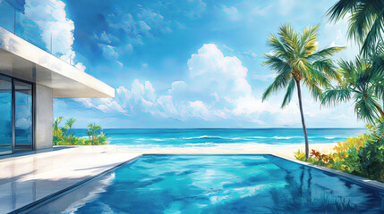 stunning modern beach house with ocean view, featuring serene swimming pool and lush palm trees. vibrant blue sky and tranquil waters create peaceful atmosphere
