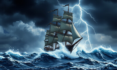 a large ship battling against a fierce storm at sea