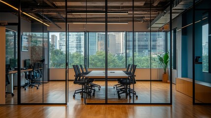 Glass-walled meeting room in a modern office, with coworking desks and panoramic windows providing a view of the urban skyline.
