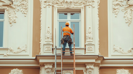 Pracownik zajmujący się renowacją klasycznego budynku z determinacją odnawia elewację. 