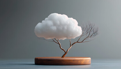 Half Cloud, Half Tree Sculpture on Wooden Base