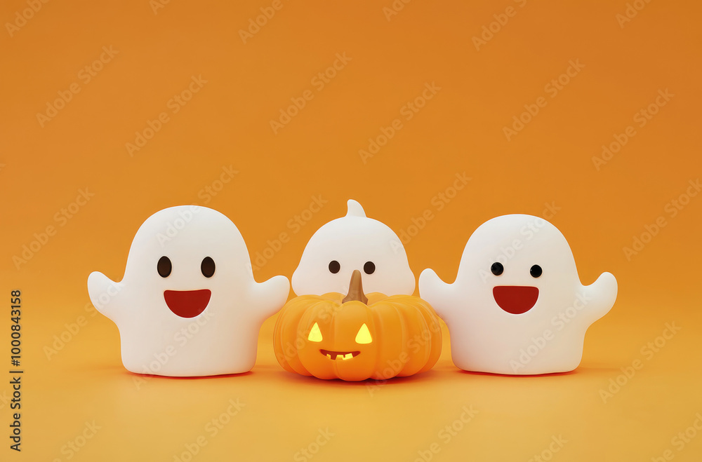 Wall mural cute white ghosts and two pumpkins smiling on an orange background, a Halloween concept