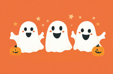 Obraz premium cute white ghosts and two pumpkins smiling on an orange background, a Halloween concept