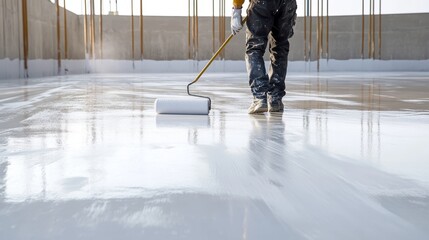 Obraz premium Worker Applying Waterproof Coating on Concrete Floor with Roller Brush in Outdoor Setting
