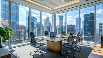 Office with glass meeting room, coworking desks, and panoramic windows showcasing a city skyline with natural light.