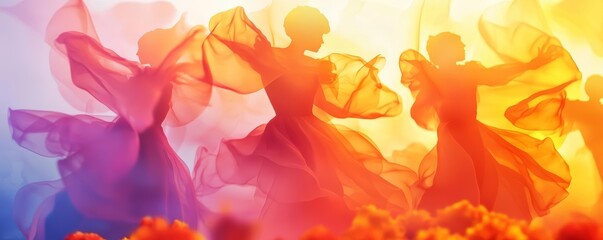 Ethereal figures floating above marigold petals, their translucent bodies blending into the colorful background of a Day of the Dead celebration