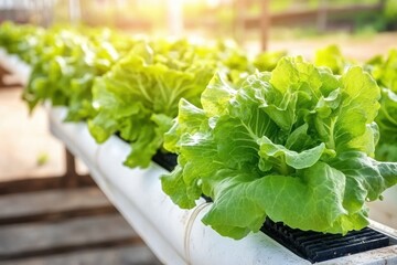 Bright sunlight on hydroponic green lettuce in sustainable farm