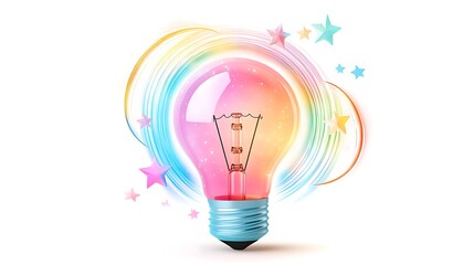 Colorful glowing light bulb surrounded by cosmic rings, stars and nebula, vibrant lighting effect, ethereal and futuristic, isolated on white background