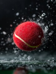 A close-up of a red tennis ball striking a surface, sending shards of glass flying, creating a dynamic and energetic action scene