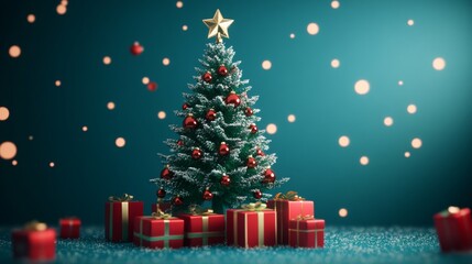 Decorated Christmas Tree with Gifts on Blue Background Festive Lights