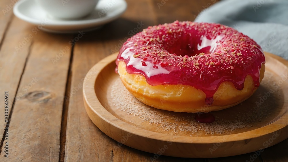 Canvas Prints appetizing raspberry lemonade donut on wooden plate flat lay aesthetic setup for ads
