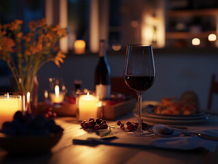romantic candlelit dinner table with wine glass and berries - cozy evening ambiance