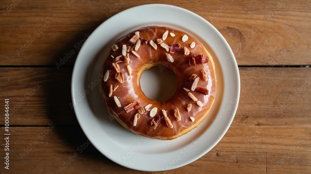 Canvas Prints appetizing maple bacon donut on wooden plate flat lay aesthetic setup for ads