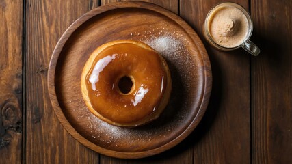 Fototapeta premium appetizing cinnamon sugar donut on wooden plate flat lay aesthetic setup for ads