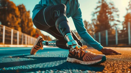 Athlete with prosthetic leg stretching before race