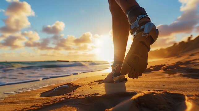 Close-up of prosthetic leg stepping on sand at beach