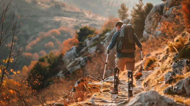Man with two prosthetic legs hiking on mountain trail - Powered by Adobe