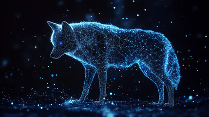 Fototapeta premium Glowing golden particles surround the wolf head, creating a magical and ethereal atmosphere, enhancing the regal and powerful expression of the animal.