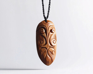 wooden carved maori pendant necklace on white background