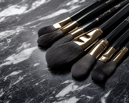 black and gold makeup brushes on marble background