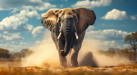Fototapeta premium A striking black-and-white illustration of an elephant in full sprint, showcasing its speed and agility.