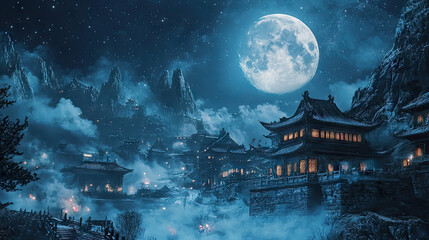 landscape illustration of misty blue night sky with full moon over the mountains, cliffs and traditional japanese or chinese bulding and forest