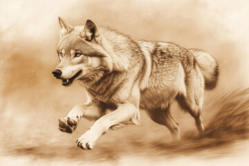 Fototapeta premium A striking black-and-white illustration of a wolf prepare for the hunting, showcasing its speed and agility. 