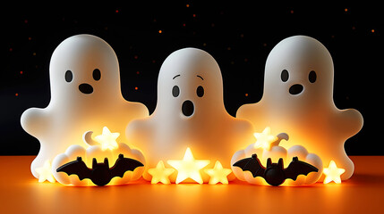 Spooky Lighting Halloween Setup with Ghosts and Bats on Bright Glowing Backdrop 