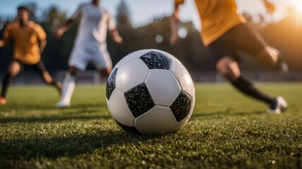 Fototapeta premium Close-up of a soccer ball resting on the grass with players legs in action around it