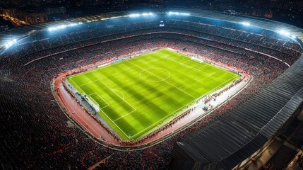 Aerial view of a stadium filled with fans during a European football match at night