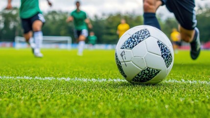 Obraz premium European football player dribbling a ball through defenders during a match on a green field