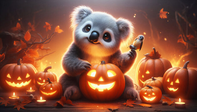friendly coala playing with pumpkin