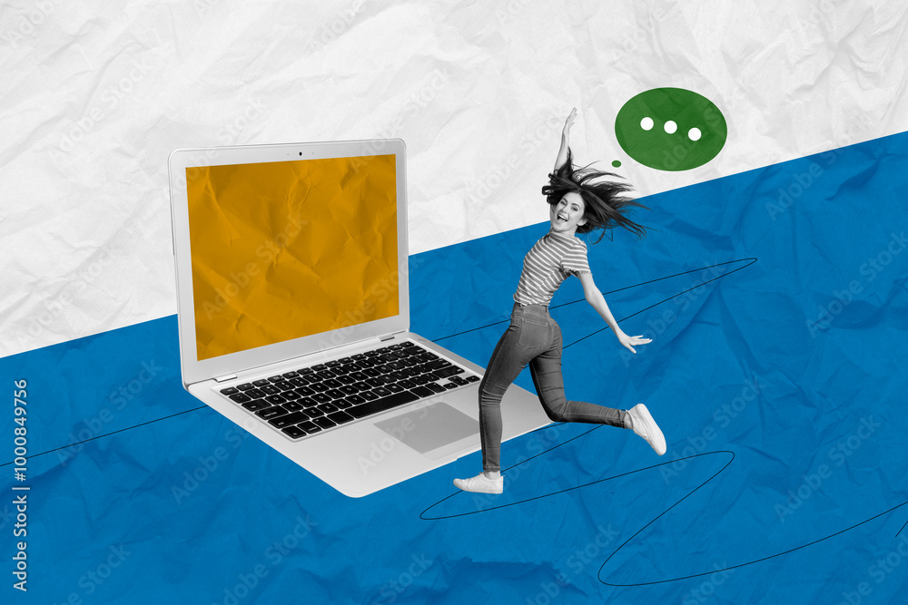 Poster image collage of cheerful happy smiling person running big gadget monitor over paper background
