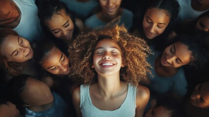 Obraz premium Top view of crowd of identical people with same emotions,one different woman,happy woman in sad people crowd,difference,diversity,Stand out from the crowd,not like everyone els,Love,be yourself.