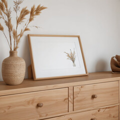 Minimalist Wooden Vase and Framed Art on a Wooden Dresser