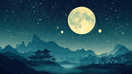 Fototapeta premium landscape illustration of night sky moon over the mountains and traditional japanese or chinese bulding and forest