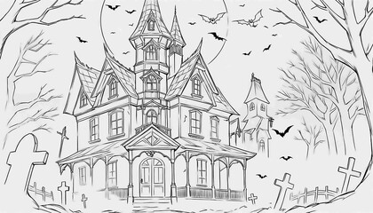 Obraz premium A haunted Halloween house in the forest on winter nights. Out line ar.
