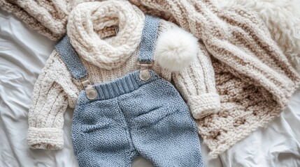 Top view of baby winter outfits: fleece-lined overalls, thermal tops, and a fluffy scarf on a cozy woolen blanket. No people, no logo.