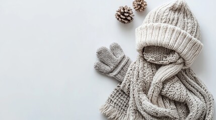 Top view of babyas winter accessories: woolen scarf, gloves, and a hat with earflaps, displayed neatly on a light background. No people, no logo.