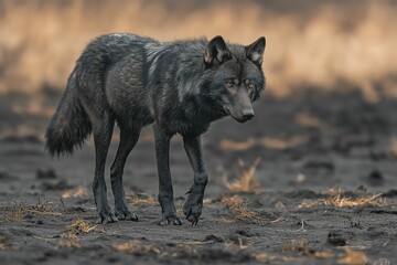 Lone black wolf in barren landscape. Wildlife adaptation to changing environments caused by human activities and climate change