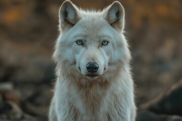 Fototapeta premium White wolf portrait. Endangered species and wildlife conservation efforts in changing ecosystems due to climate change and habitat loss