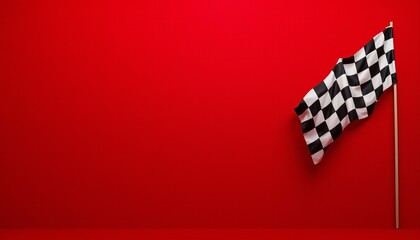 A red background with a black and white checkered flag on a wooden pole