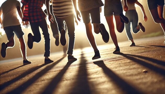 若者たちが走っている足元のシルエット