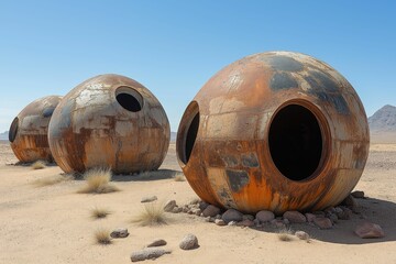Abandoned futuristic desert structures. Human impact on fragile ecosystems and challenges of sustainable development in arid environments